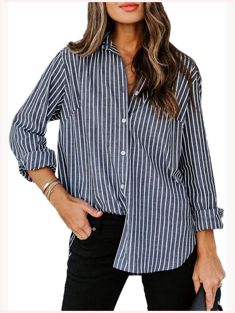V Neck Button Up Cotton Top Long Sleeve Blouse Tunic